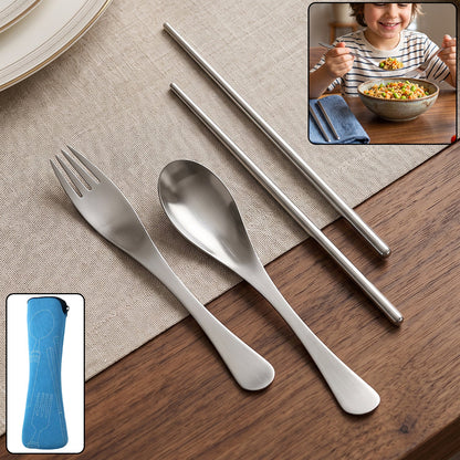 4-in-1 Portable Cutlery Set With Pouch Steel Spoon Fork And Chopsticks (1 Set)