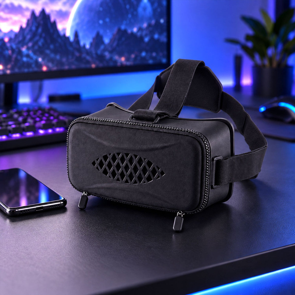 Wukusy 3D virtual reality smartphone headset with focus control and belt strap, designed for immersive VR experiences.