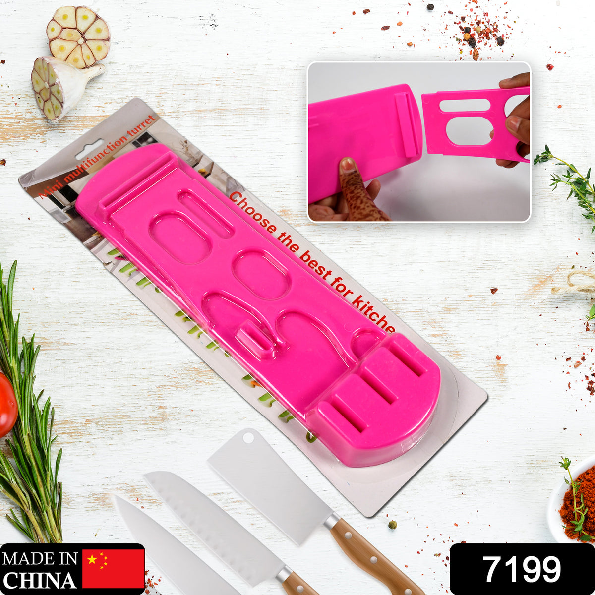 Wukusy 7199 plastic kitchen knife stand holding multiple kitchen knives on a countertop, organized and easy to access.