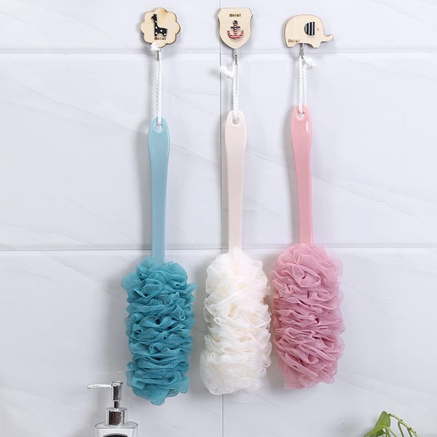 Wukusy 6702 Loofah back scrubber with long handle and soft nylon mesh for shower, body cleaning, women and men bathroom accessory