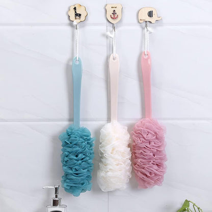 Wukusy 6702 Loofah back scrubber with long handle and soft nylon mesh for shower, body cleaning, women and men bathroom accessory