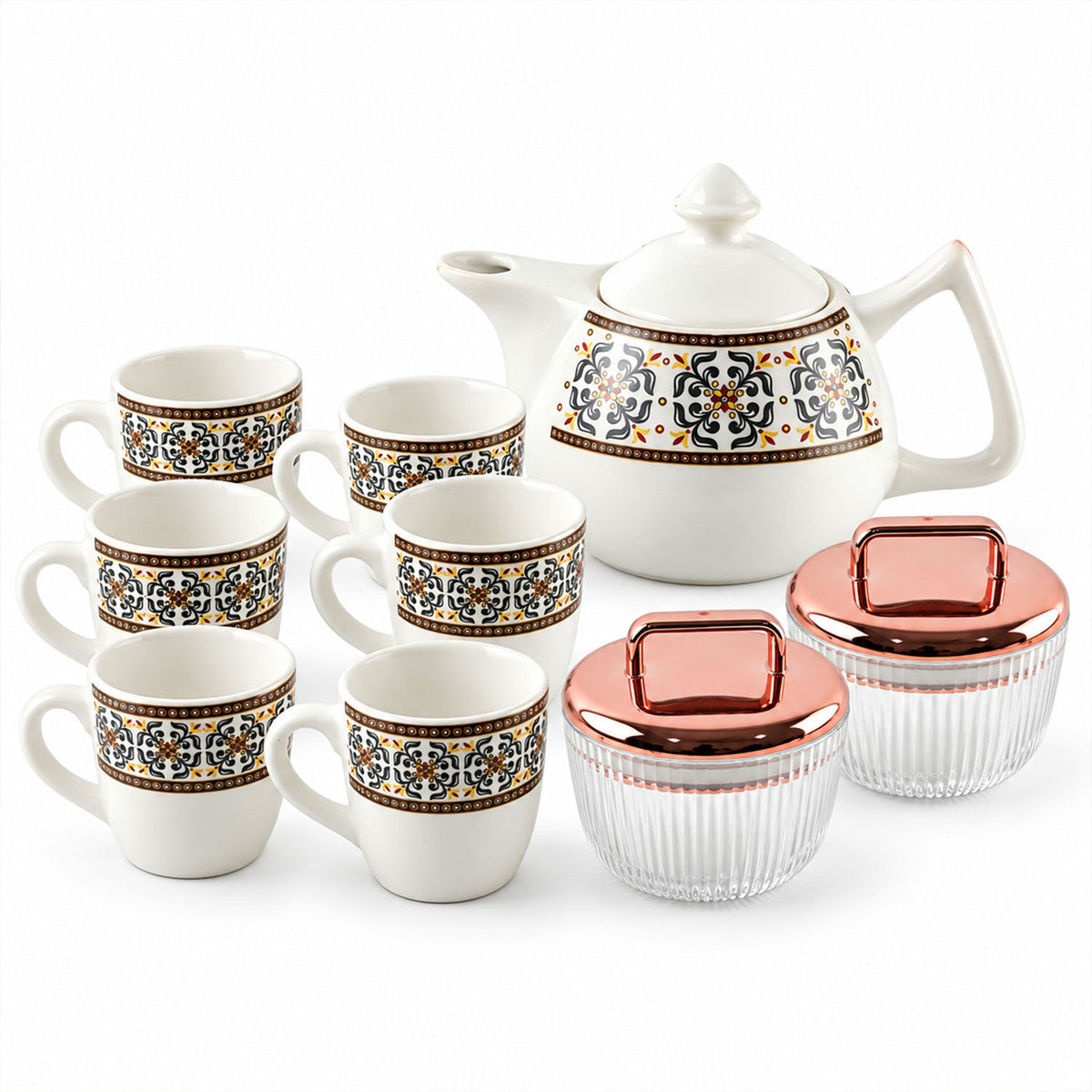 Wukusy tea gift set with kettle, six cups, and two dry fruit jars, displayed on a table with tea accessories.