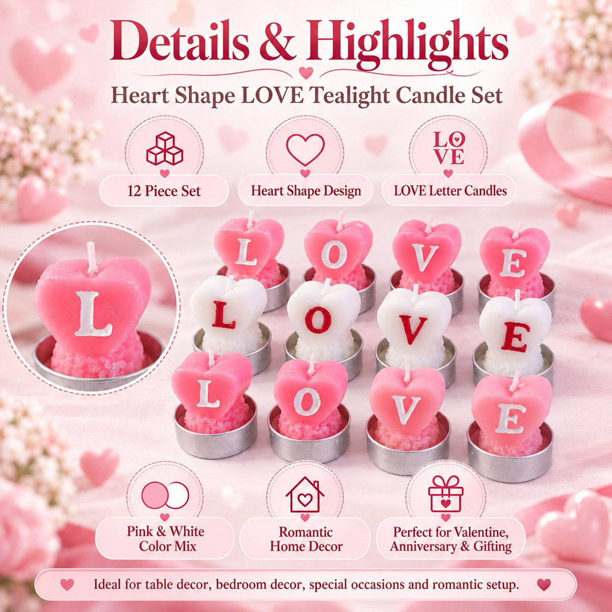 Set of 12 heart-shaped love tealight candles by Wukusy for romantic table decoration, featuring soft glow and intricate heart design.