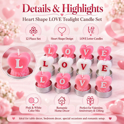 Set of 12 heart-shaped love tealight candles by Wukusy for romantic table decoration, featuring soft glow and intricate heart design.
