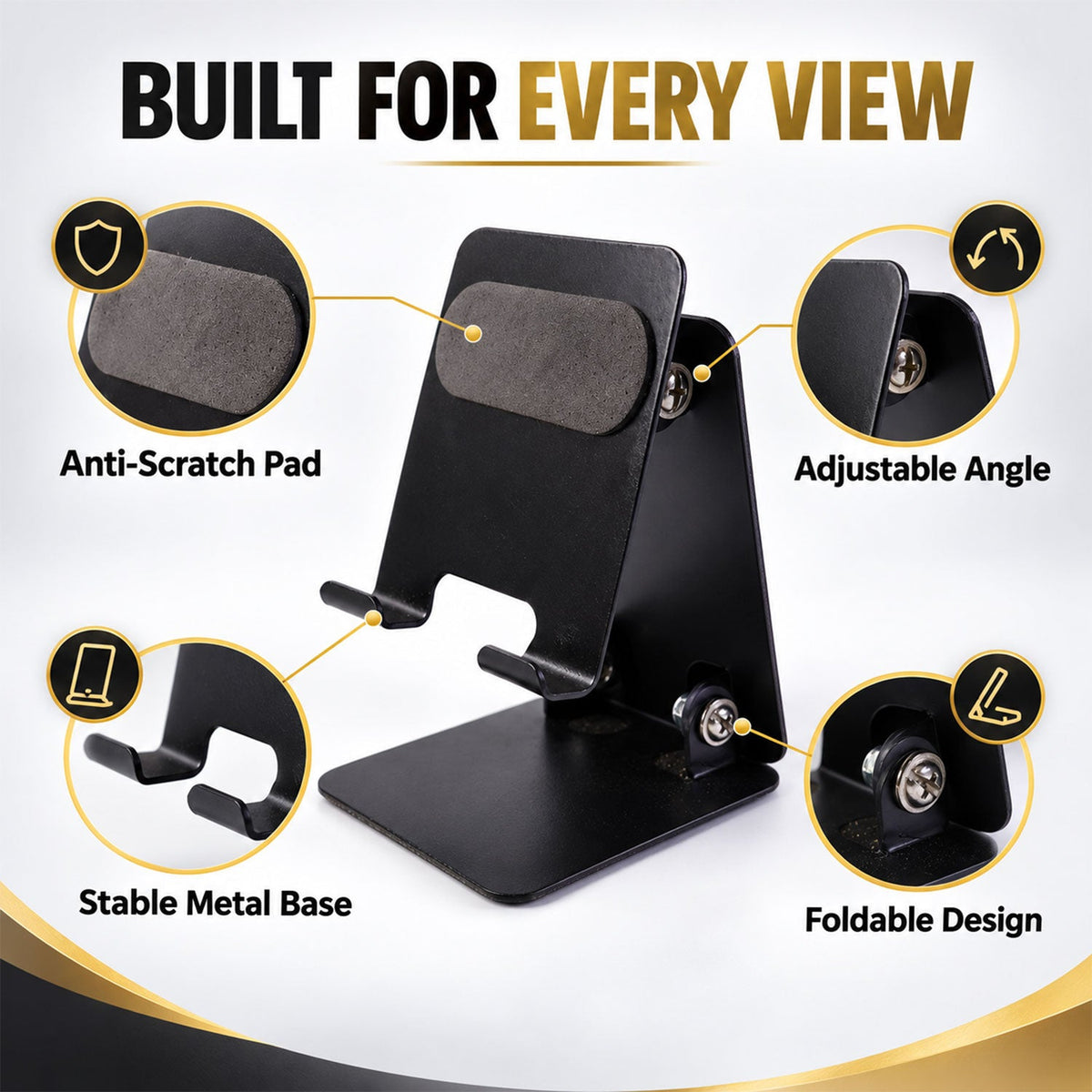 Wukusy foldable metal mobile phone stand with adjustable angle on a desk, featuring a sleek black design and compact structure.