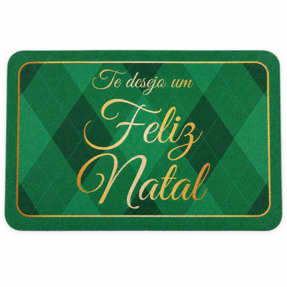 Green argyle Christmas greeting bath mat from Wukusy, absorbent door rug with festive design, 60x40 cm size.