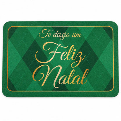 Green argyle Christmas greeting bath mat from Wukusy, absorbent door rug with festive design, 60x40 cm size.