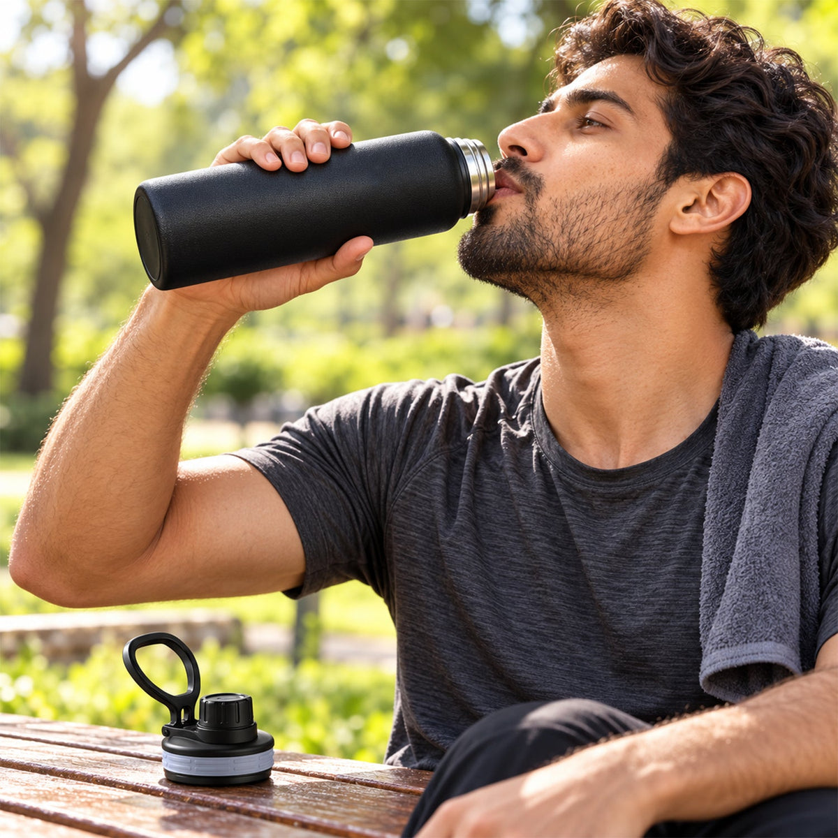 Wukusy stainless steel water bottle with carry handle, 900 ml capacity, suitable for gym and travel, with a sleek silver finish