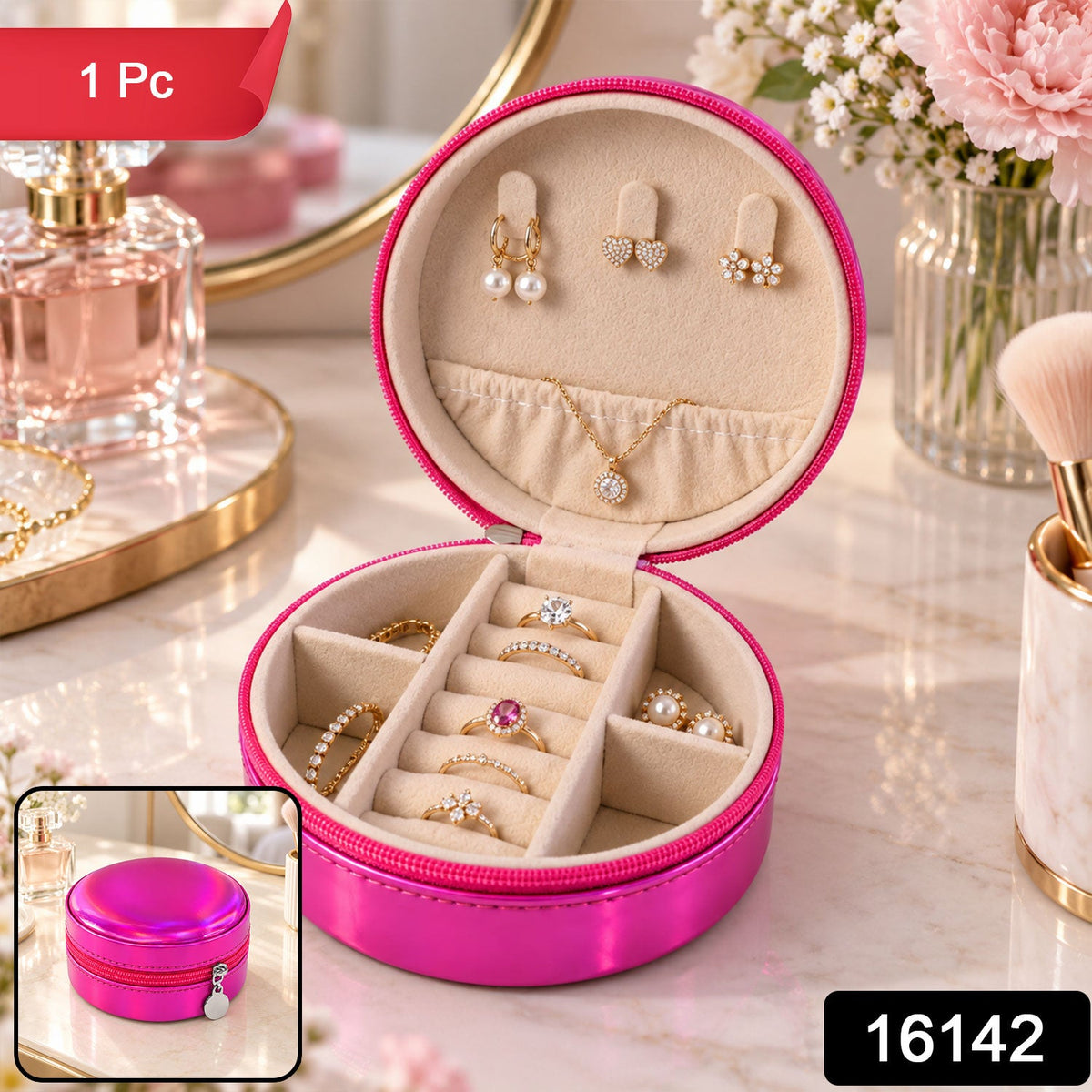 Wukusy round jewelry organizer box with ring rolls and zip closure, ideal for travel storage of rings and small jewelry items.