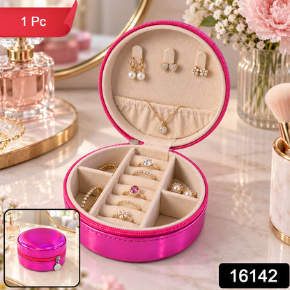 Wukusy round jewelry organizer box with ring rolls and zip closure, ideal for travel storage of rings and small jewelry items.