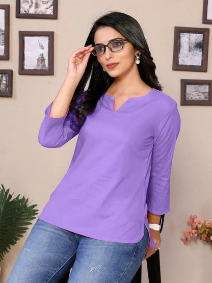 Baby Pink Cotton Round V-Neck Neck Hip Length 3/4 Sleeve Tunic For Women