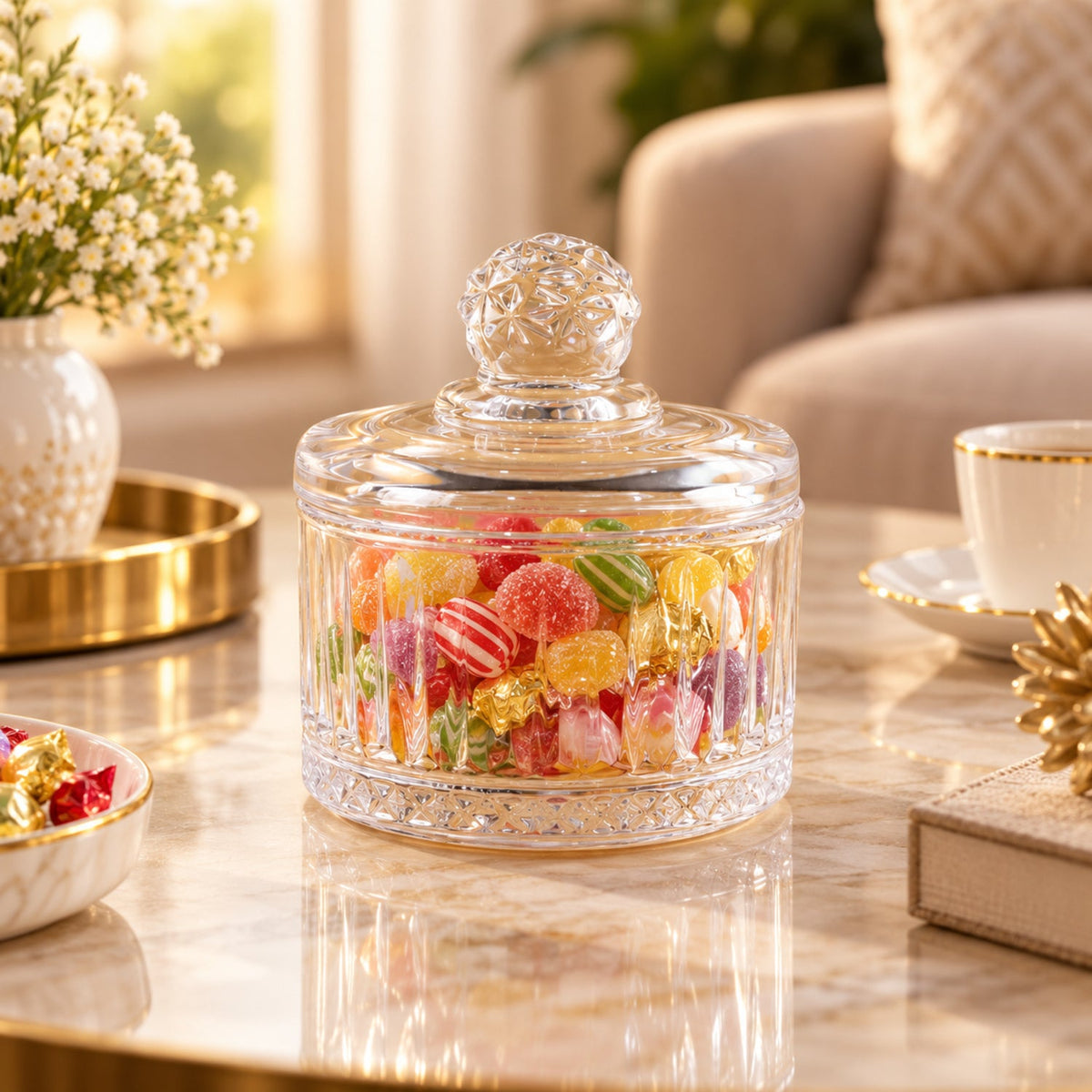 Clear ribbed glass candy bowl with lid from Wukusy, ideal for sweets and table display, showcasing a sleek and elegant design.