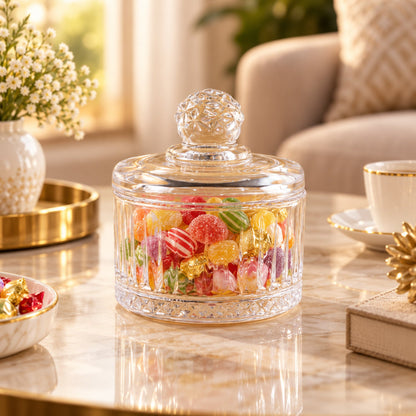 Clear ribbed glass candy bowl with lid from Wukusy, ideal for sweets and table display, showcasing a sleek and elegant design.