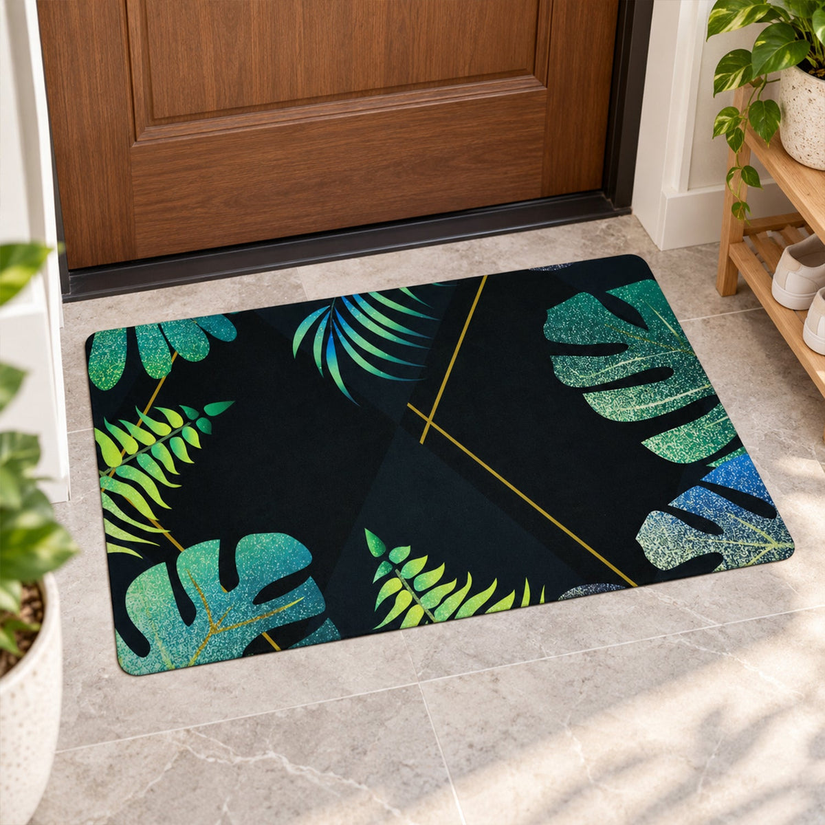 Decorative tropical leaf print floor mat by Wukusy, suitable for indoor doorways, 59.5x40 cm, vibrant green tropical foliage design.