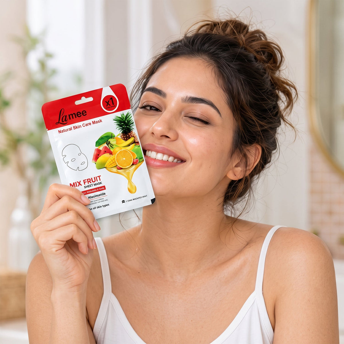 Wukusy mix fruit facial sheet mask with niacinamide for hydrating skin, featuring fresh fruit images on the packaging.