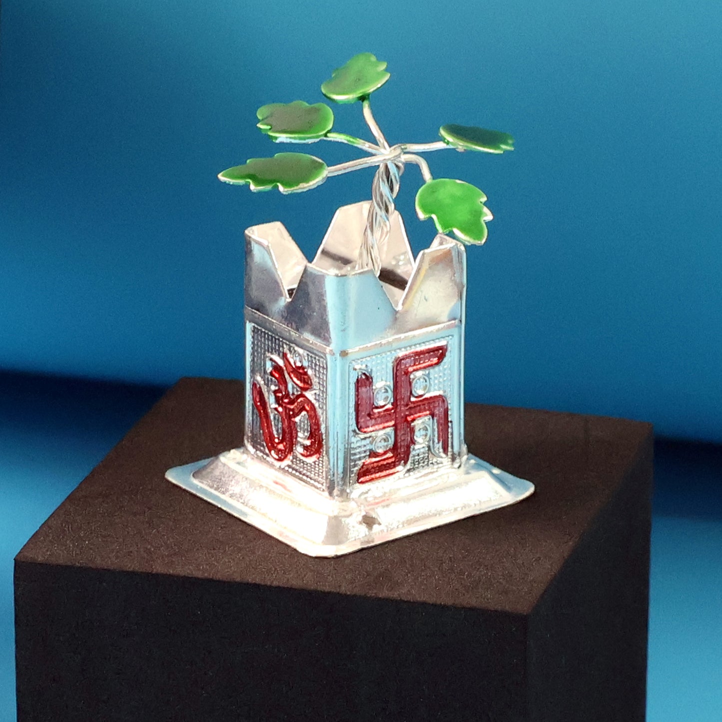 Miniature Tulsi plant idol with mandir kalash base by Wukusy, decorative home improvement item, small religious plant display.