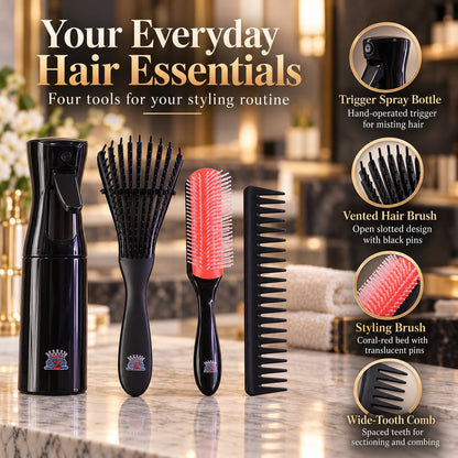 Wukusy 4-in-1 hair grooming set featuring spray bottle, brushes, and wide tooth comb for hair styling and grooming.