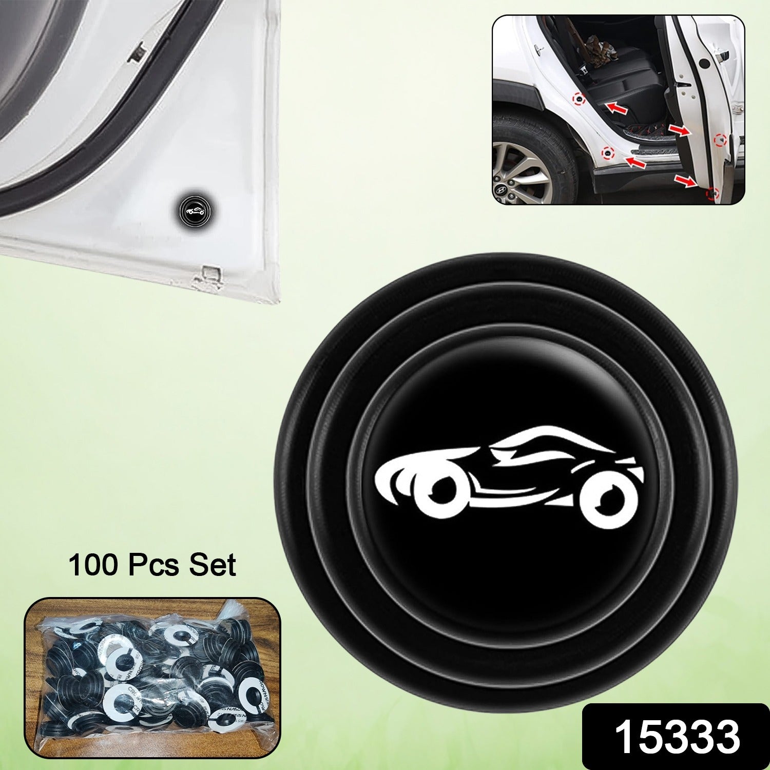 Set of 100 Wukusy car door shock absorber protection stickers showing black adhesive strips on a white background.