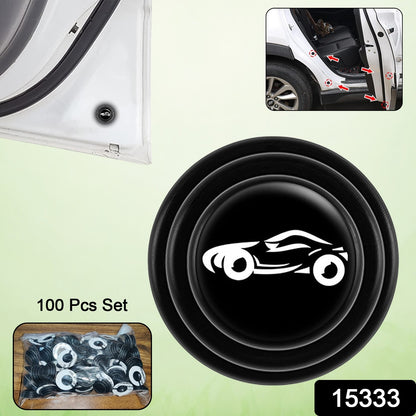 Set of 100 Wukusy car door shock absorber protection stickers showing black adhesive strips on a white background.