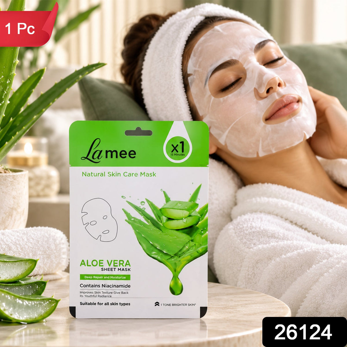 Wukusy Aloe Vera facial sheet mask with niacinamide, for moisturizing skincare, displayed on a white background.
