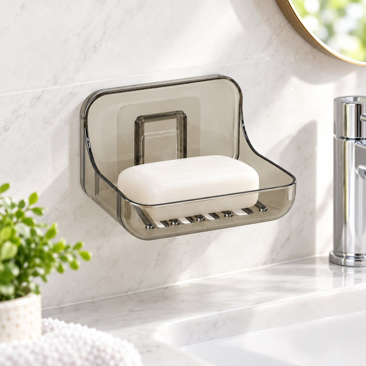 Wall-mounted soap holder with drain by Wukusy, adhesive bathroom soap dish with drainage for easy cleaning and organization.