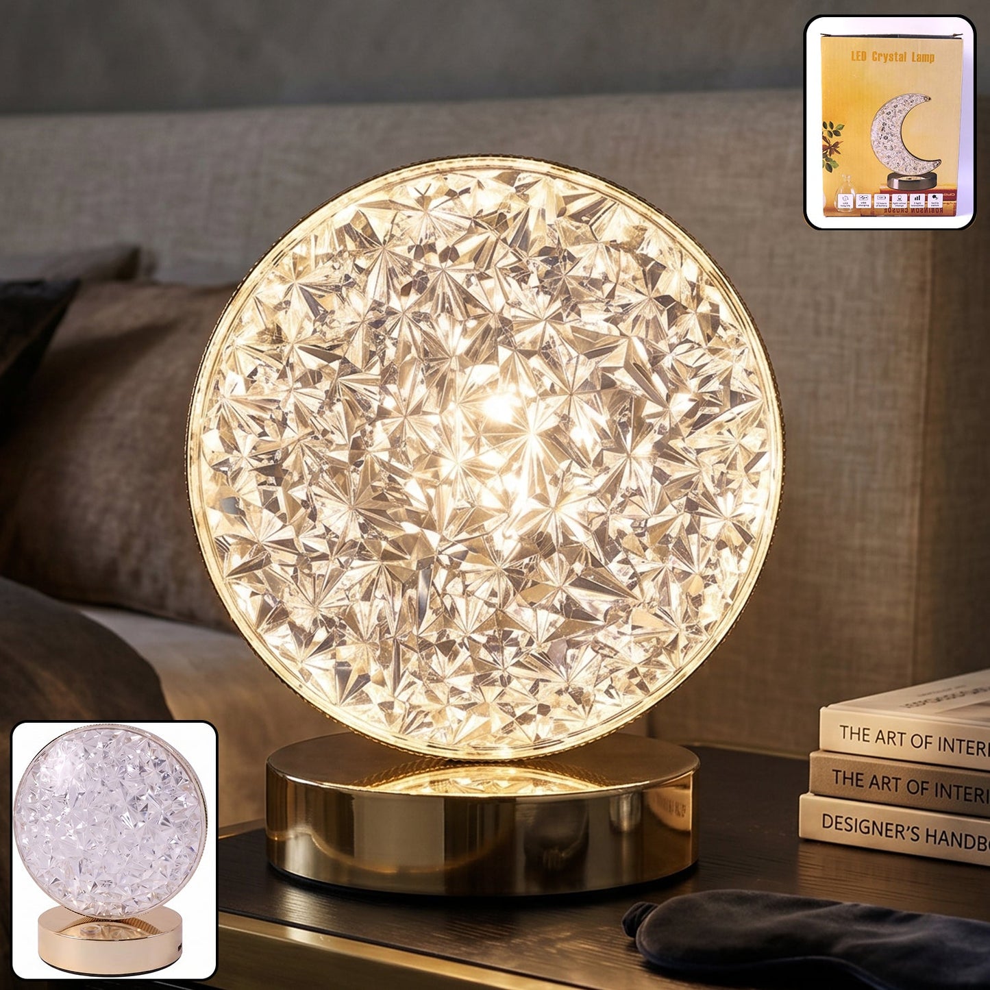 Round Crystal Led Table Lamp Usb Rechargeable Touch Bedside Night Lamp (1 Pc)