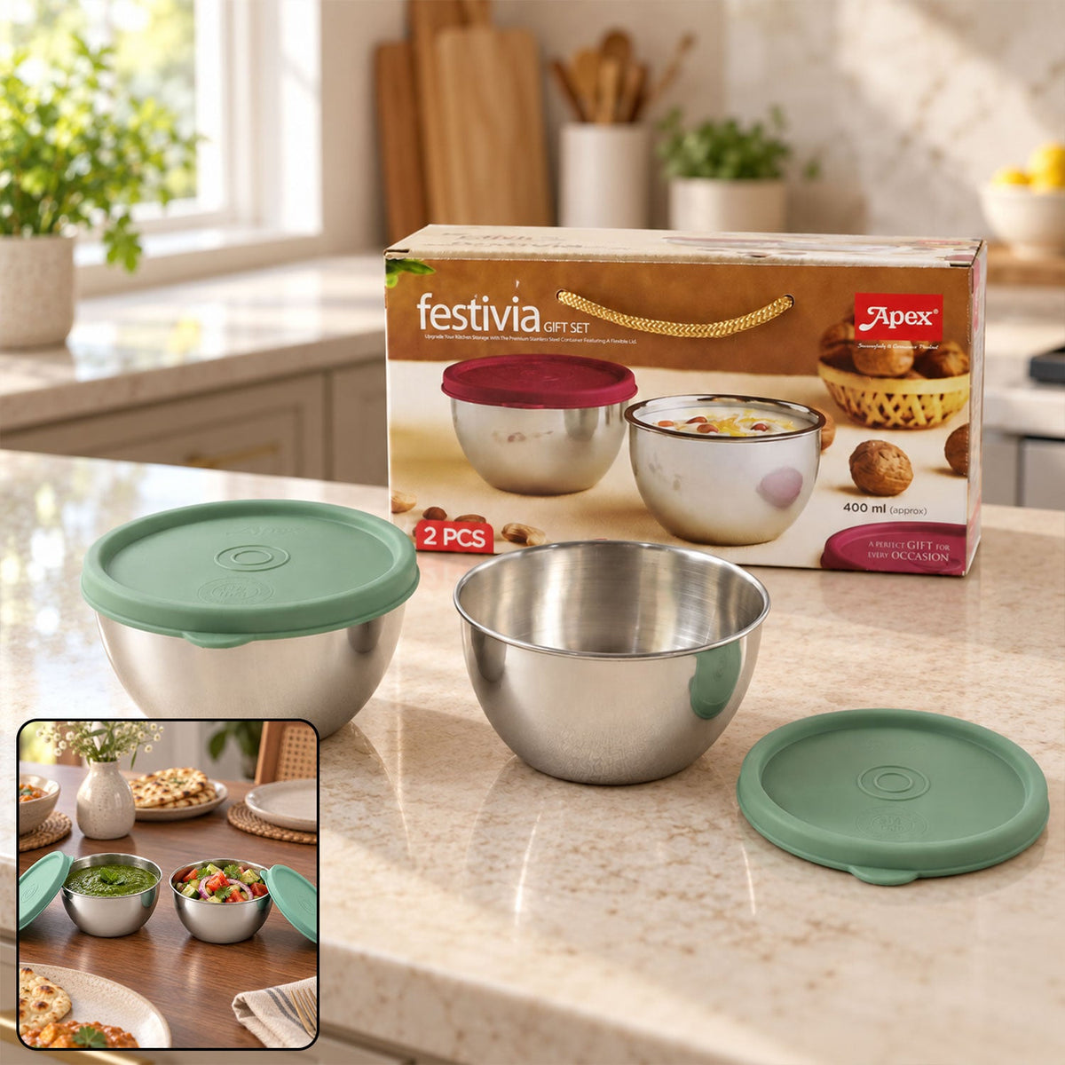 Two Wukusy Apex stainless steel containers with lids, 400ml capacity, part of a kitchen gift set, shown side by side.