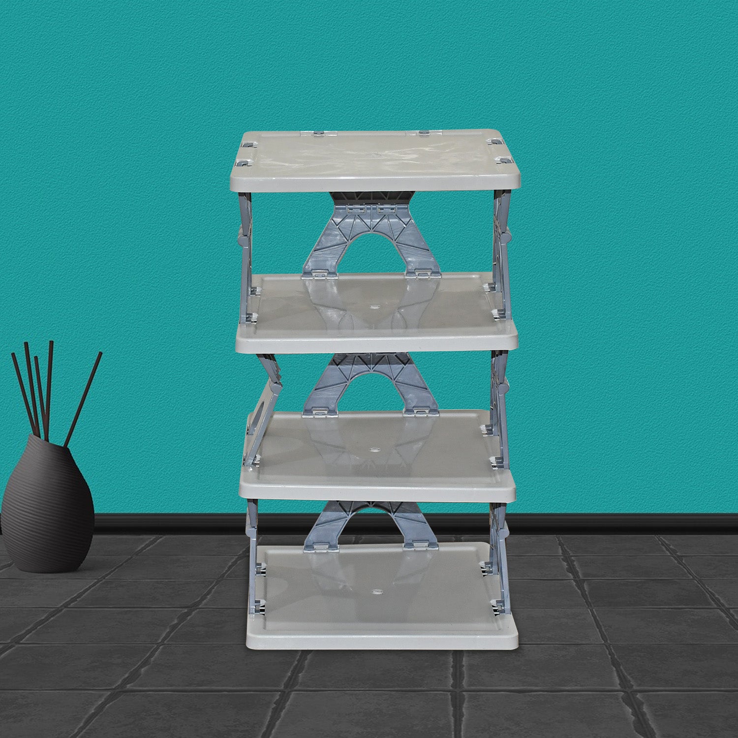 Wukusy foldable shoe rack with 4, 6, or 8 layers, free-standing plastic shoe storage organizer for home entryway.