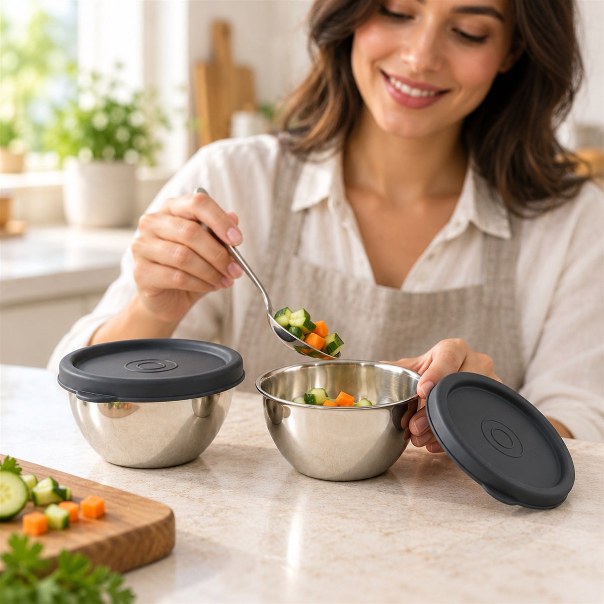 Set of two Wukusy Apex stainless steel storage bowls with lids, 180ml capacity, ideal for small kitchen storage.