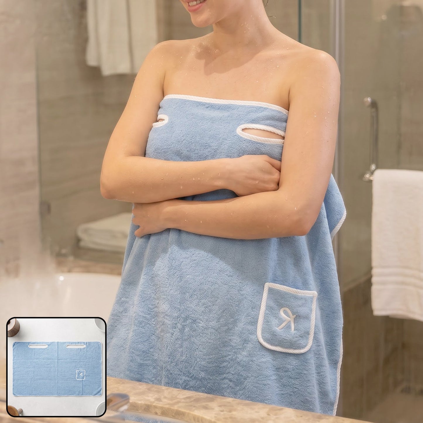 Soft Absorbent Cotton Bath Towel With Wearable Wrap And Handy Side Pocket (1 Pc)
