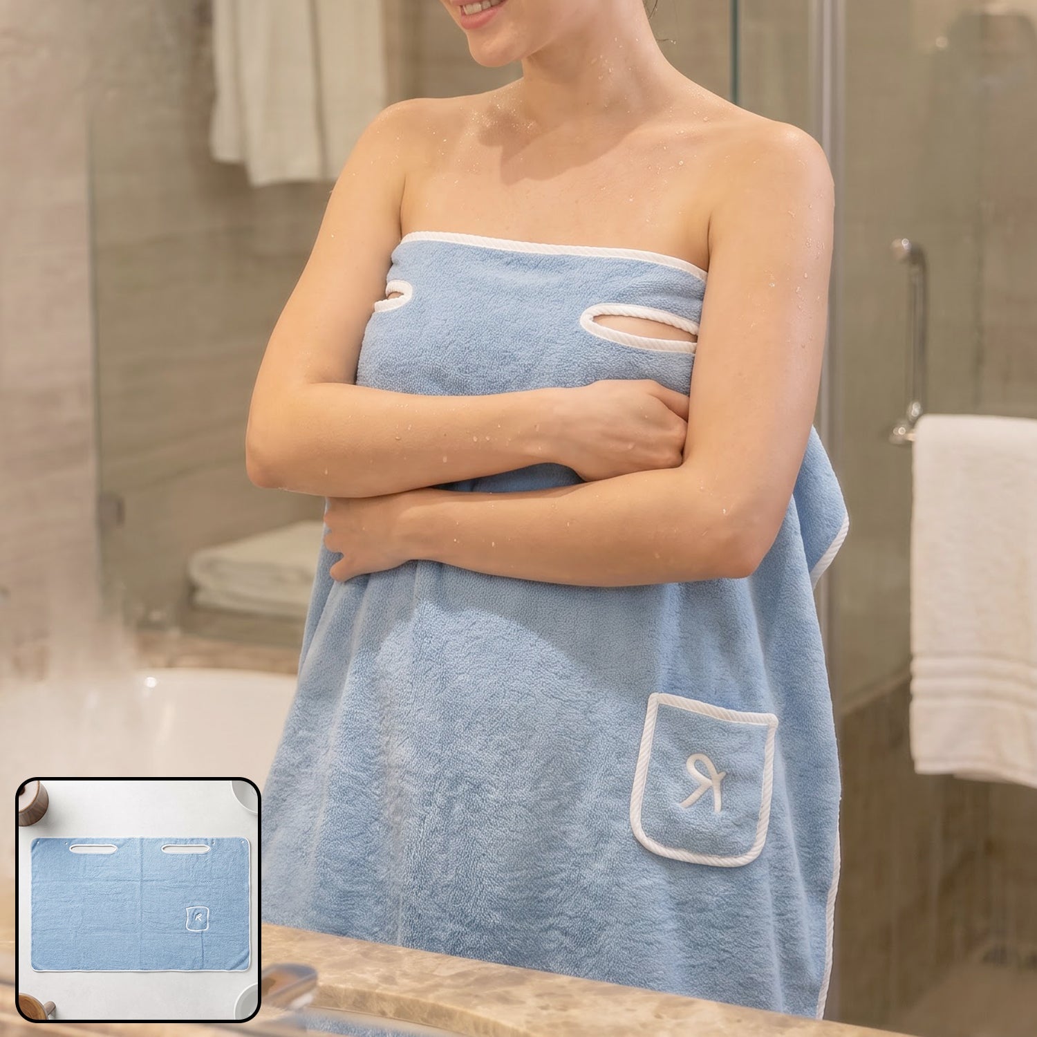 Soft Absorbent Cotton Bath Towel With Wearable Wrap And Handy Side Pocket (1 Pc)