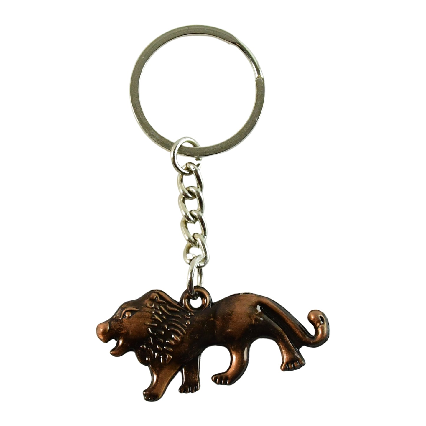 Close-up of a Wukusy lion-shaped metal keychain featuring an elegant walking lion design on a keyring.