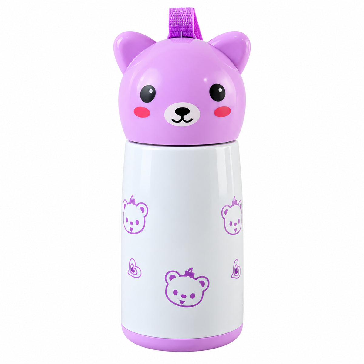 Wukusy 220ml mini vacuum water bottle with bunny cap and carry strap in pink and white