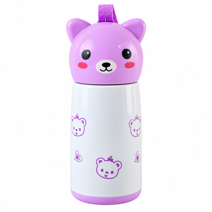 Wukusy 220ml mini vacuum water bottle with bunny cap and carry strap in pink and white