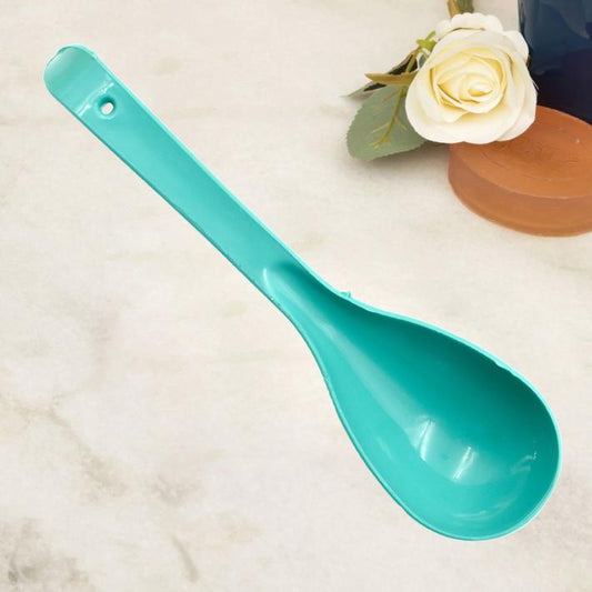Wukusy plastic serving spoon for kitchen use, with a long handle and wide bowl for serving food and liquids.