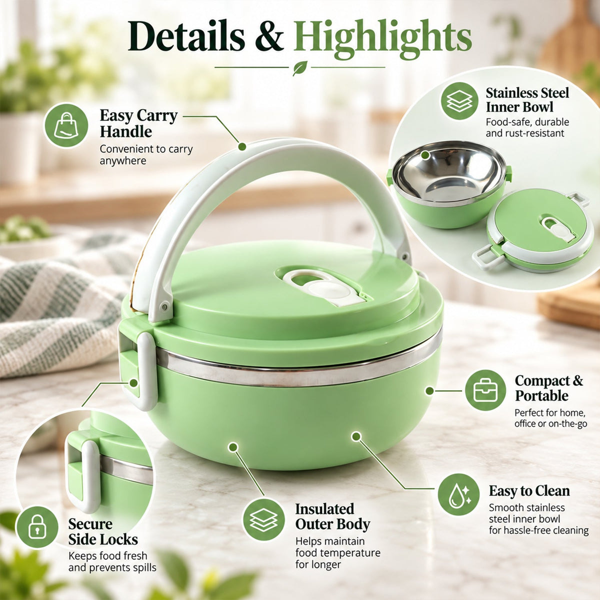 Wukusy stainless steel inner lunch box with single layer design, 700ml capacity, and carry handle, ready for meal on the go.