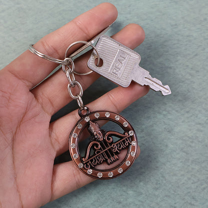 Decorative metal Jai Shree Shyam keychain by Wukusy featuring intricate design and detailed craftsmanship.