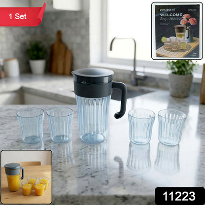 Multipurpose Plastic Water Juice Serving Jug With 4 Drinking Glasses Set (1 Set)
