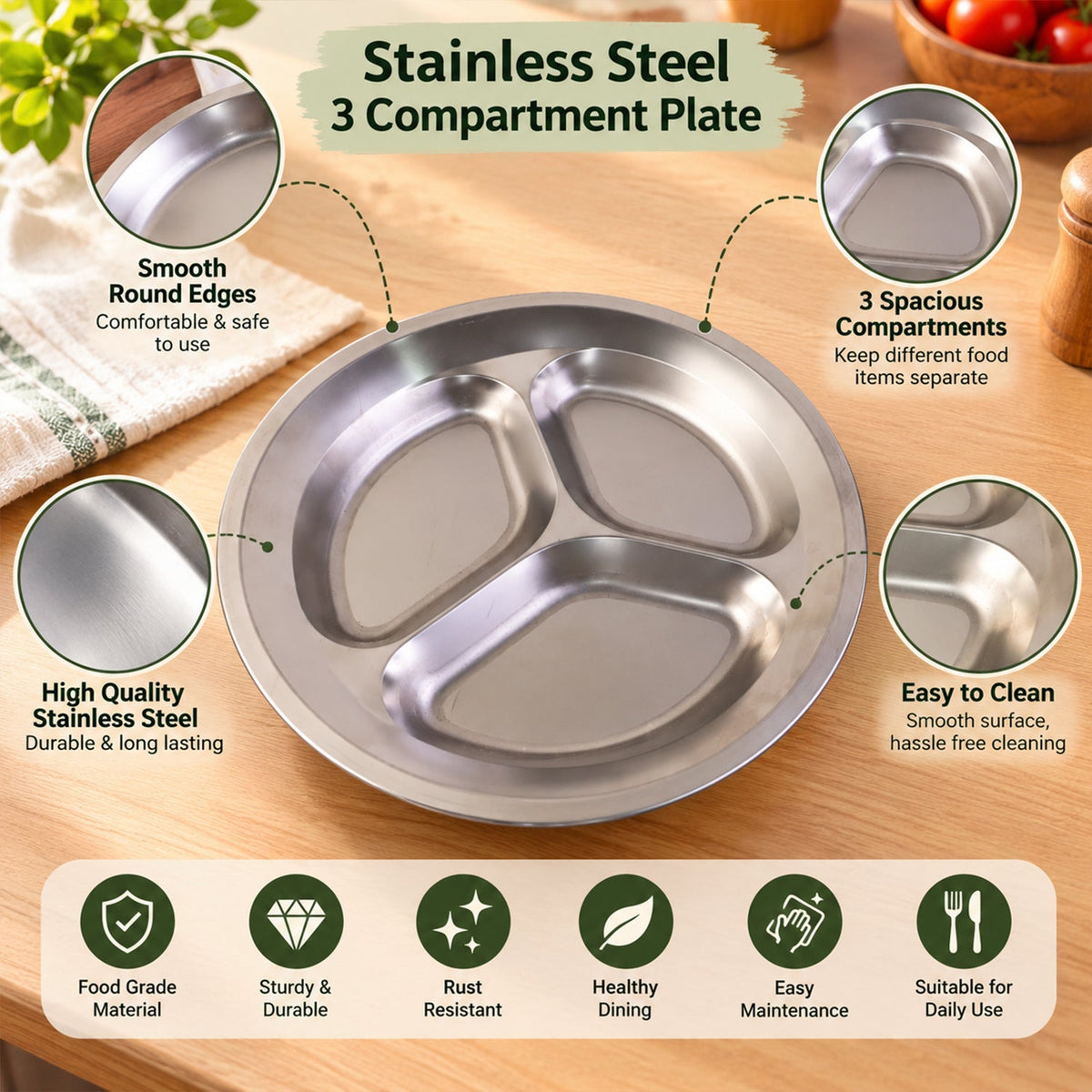 Wukusy stainless steel 3-compartment plate for meals and snacks, 25.5 x 25.5 cm, with separate sections for food.