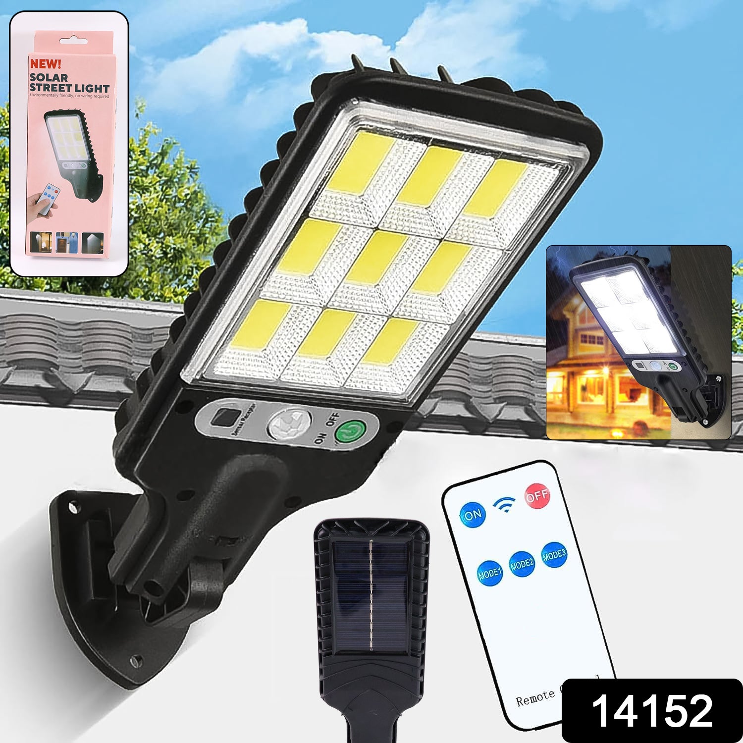 Wukusy high-power solar LED street light with motion sensor and remote control, illuminated outdoor lighting fixture.