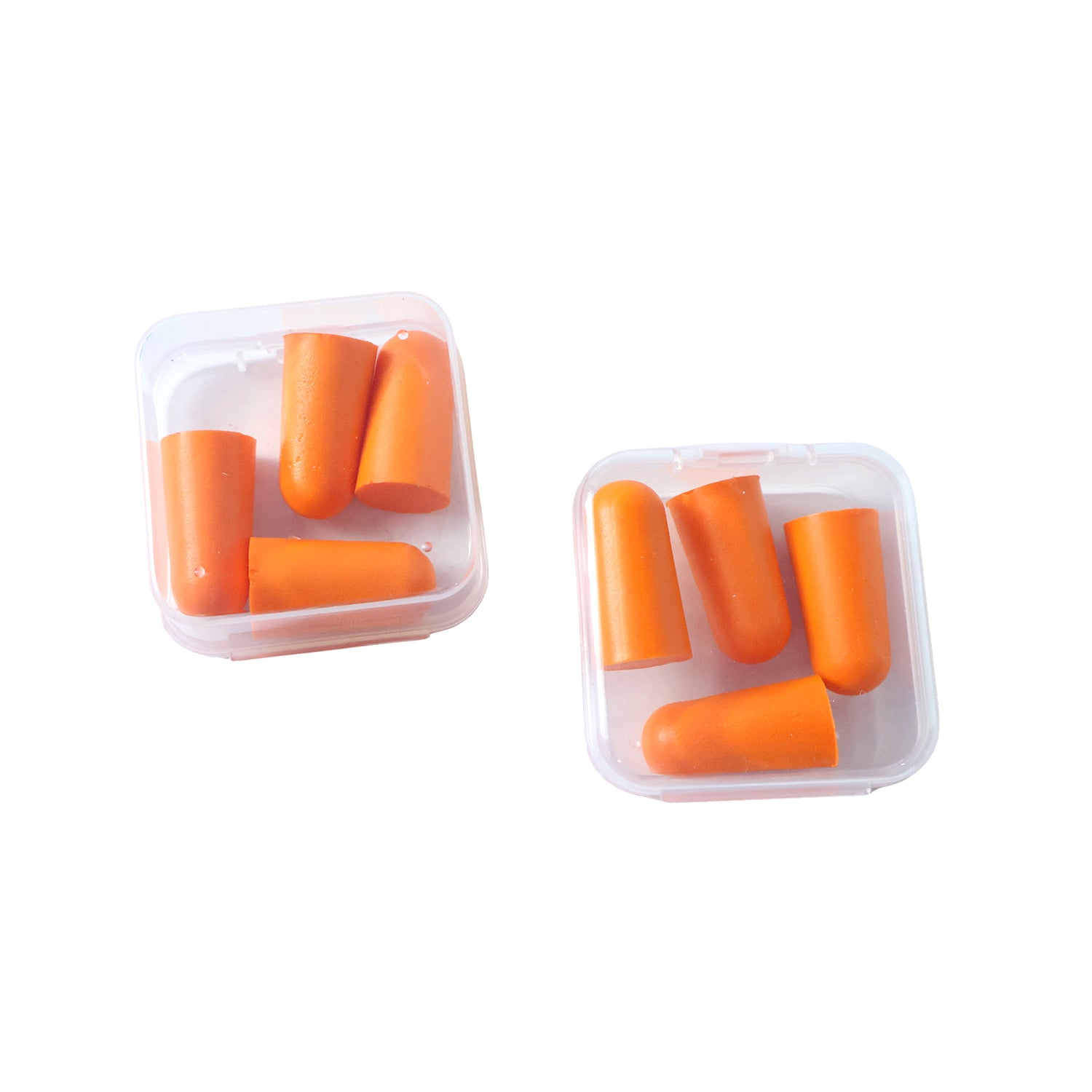 Wukusy soft foam noise reduction ear plugs with storage case, showing four pairs of beige ear plugs inside a compact case.