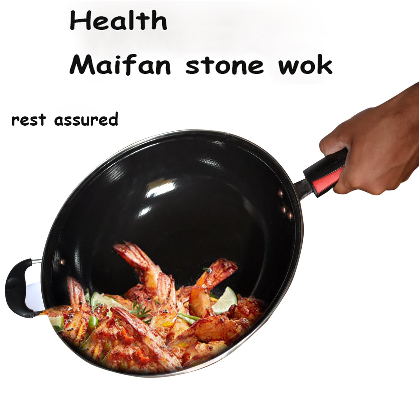 Wukusy 2496 premium aluminum fry pan with black handle, kitchen tool for cooking, close-up of the non-stick surface.