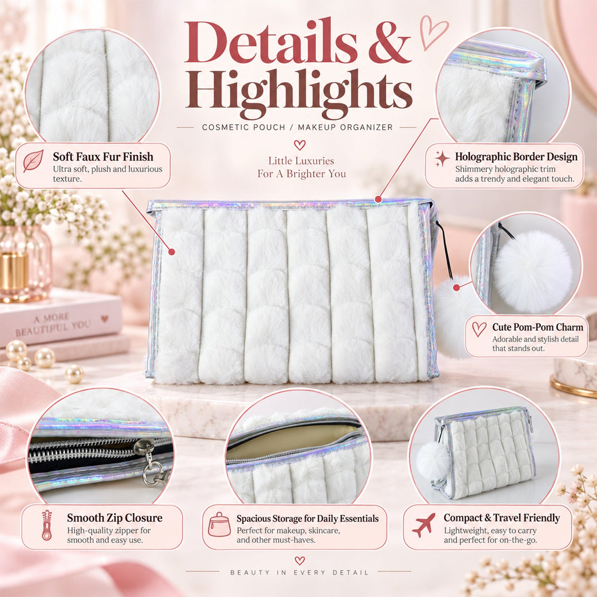 Wukusy plush makeup zipper pouch with pom pom charm, 24x16cm, ideal for travel and storage of cosmetics and accessories