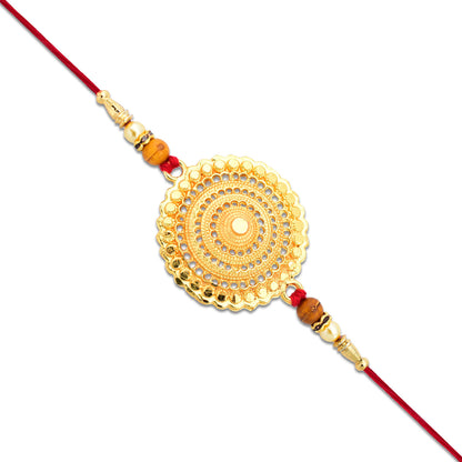Golden Mandala Designer Rakhi by Wukusy featuring intricate mandala patterns and vibrant golden details for festive occasions.