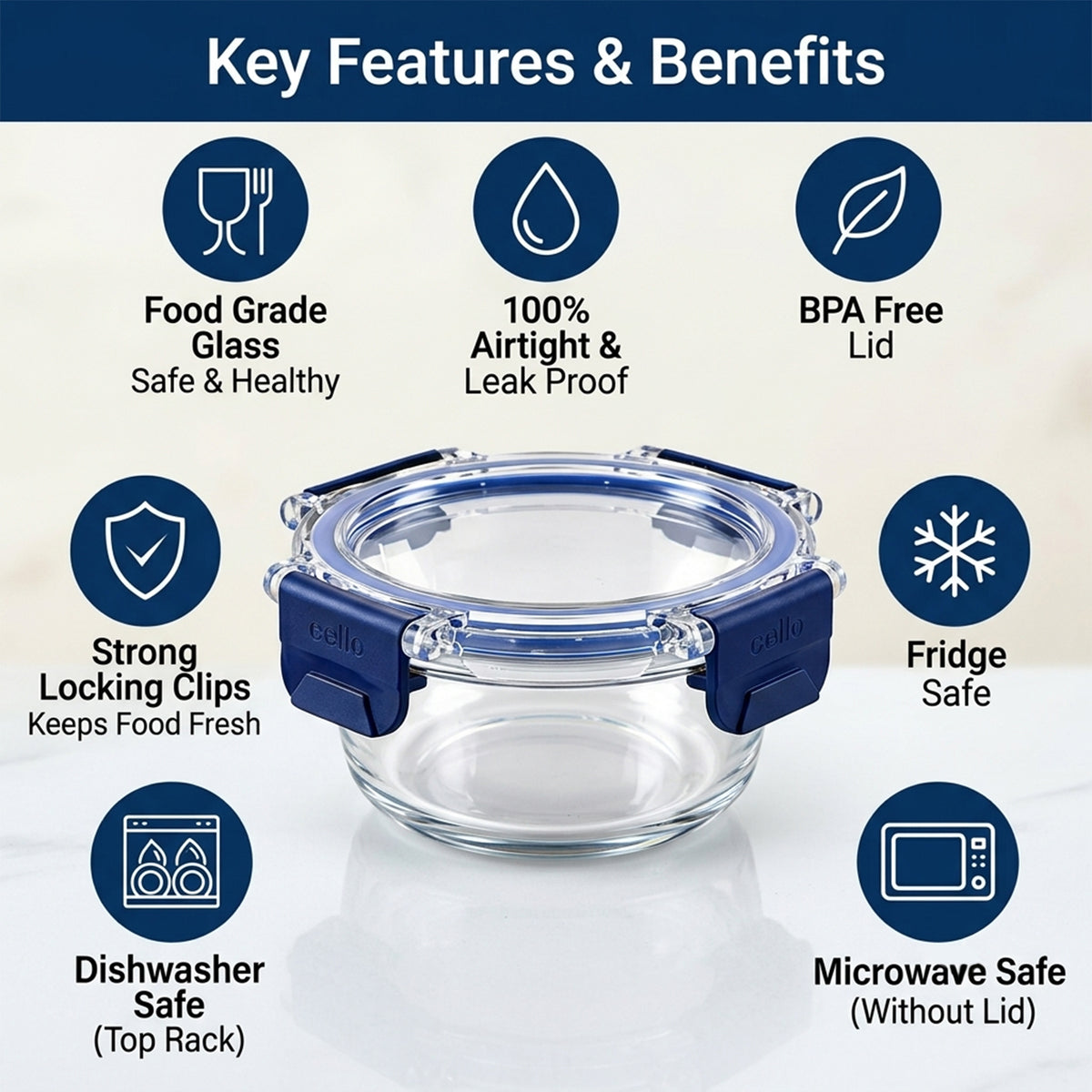 Wukusy 240ml round glass food storage container with smart lock lid, 1 piece