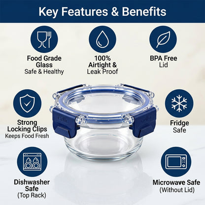 Wukusy 240ml round glass food storage container with smart lock lid, 1 piece