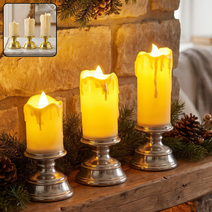 Set of three plastic flameless LED candles with pedestal stands by Wukusy, ideal for decorative tabletop or ambient lighting.