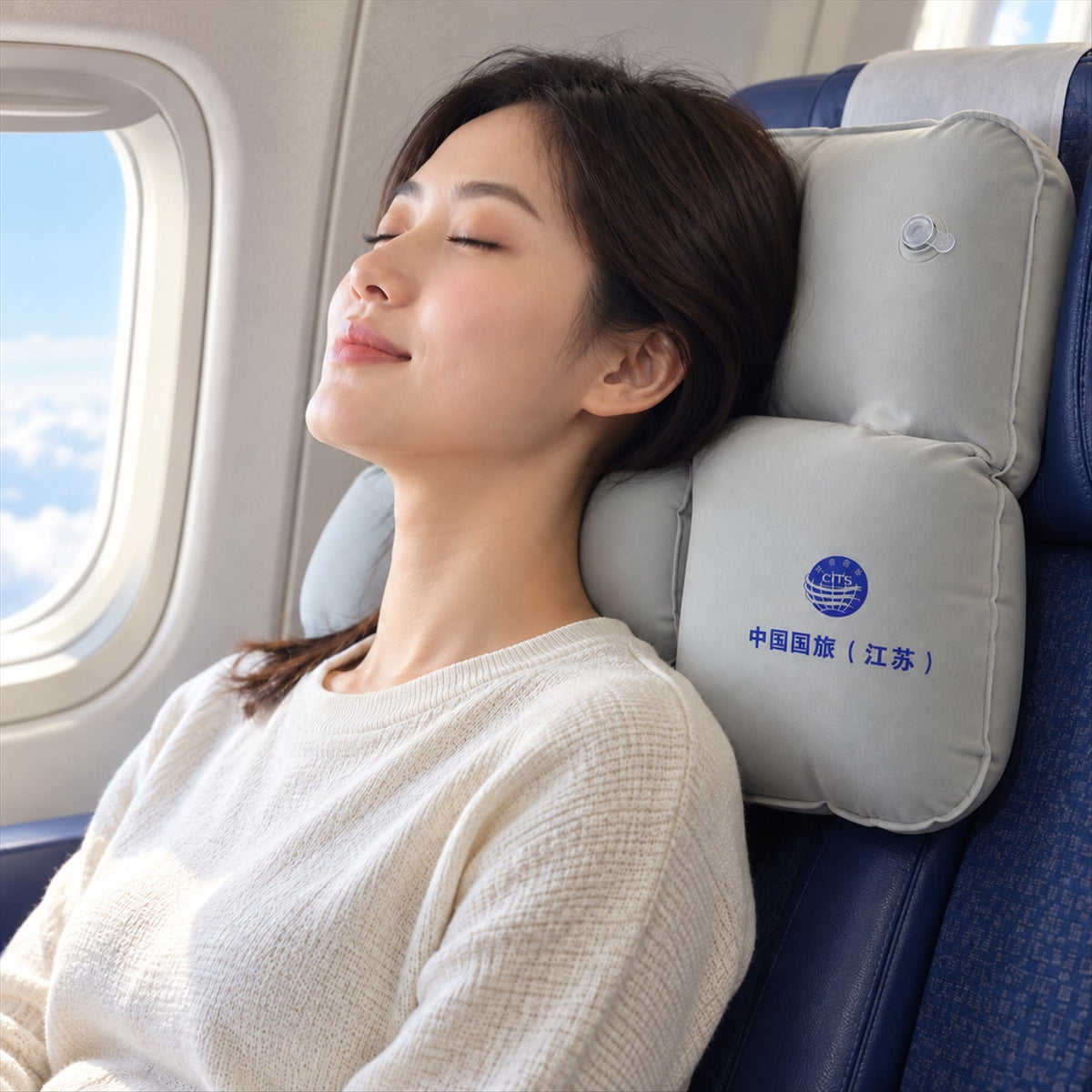 Wukusy inflatable travel neck pillow for flights and train trips, cushioned support for seated rest in a compact design