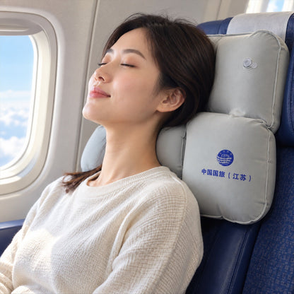 Wukusy inflatable travel neck pillow for flights and train trips, cushioned support for seated rest in a compact design