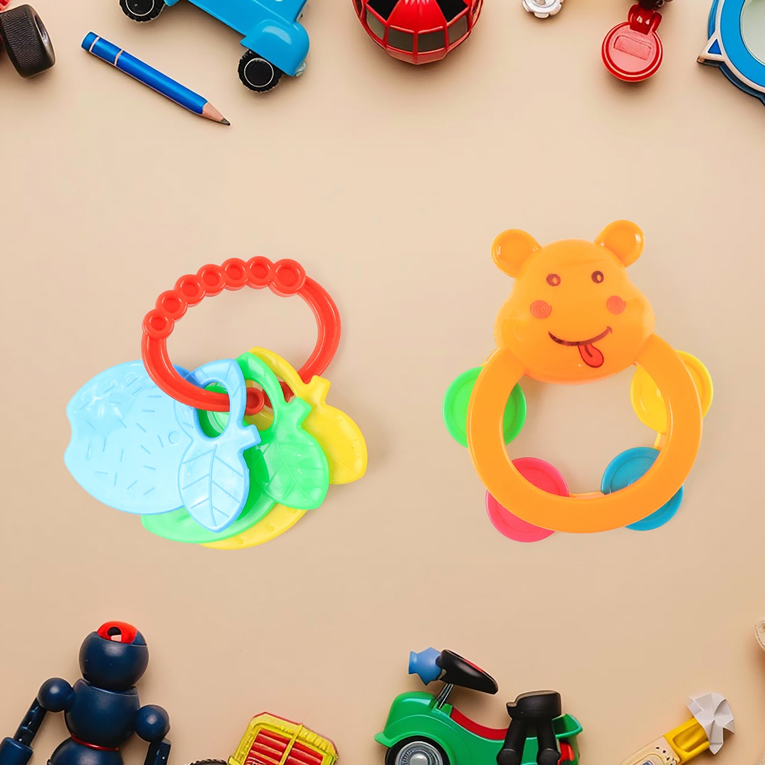 Set of five colorful plastic baby rattle toys from Wukusy, featuring different shapes and bright designs for infants.